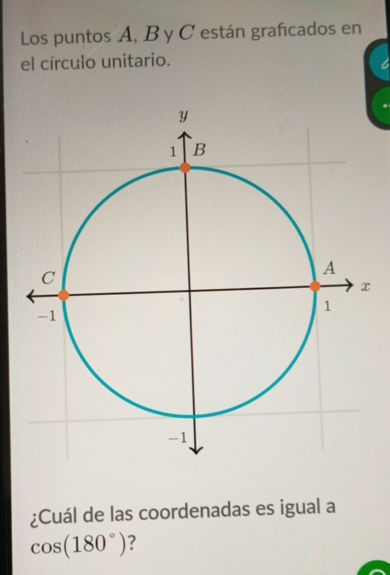 Los puntos A, B y C están graficados en 
el círculo unitario. 
¿Cuál de las coordenadas es igual a
cos (180°) 7