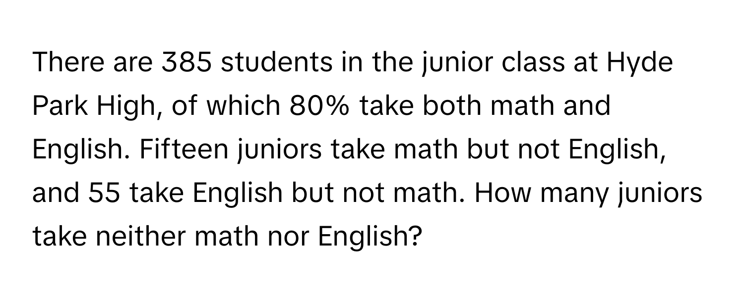 There are 385 students in the junior class at Hyde Park High, of which 80% take both math and English. Fifteen juniors take math but not English, and 55 take English but not math. How many juniors take neither math nor English?