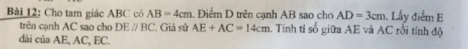 Cho tam giác ABC có AB=4cm. Điểm D trên cạnh AB sao cho AD=3cm. Lấy điểm E 
trên cạnh AC sao cho DEparallel BC Giả sử AE+AC=14cm. Tinh tỉ số giữa AE và AC rỗi tính độ 
dài của AE, AC, EC.