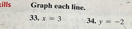 kills Graph each line. 
33. x=3 34. y=-2