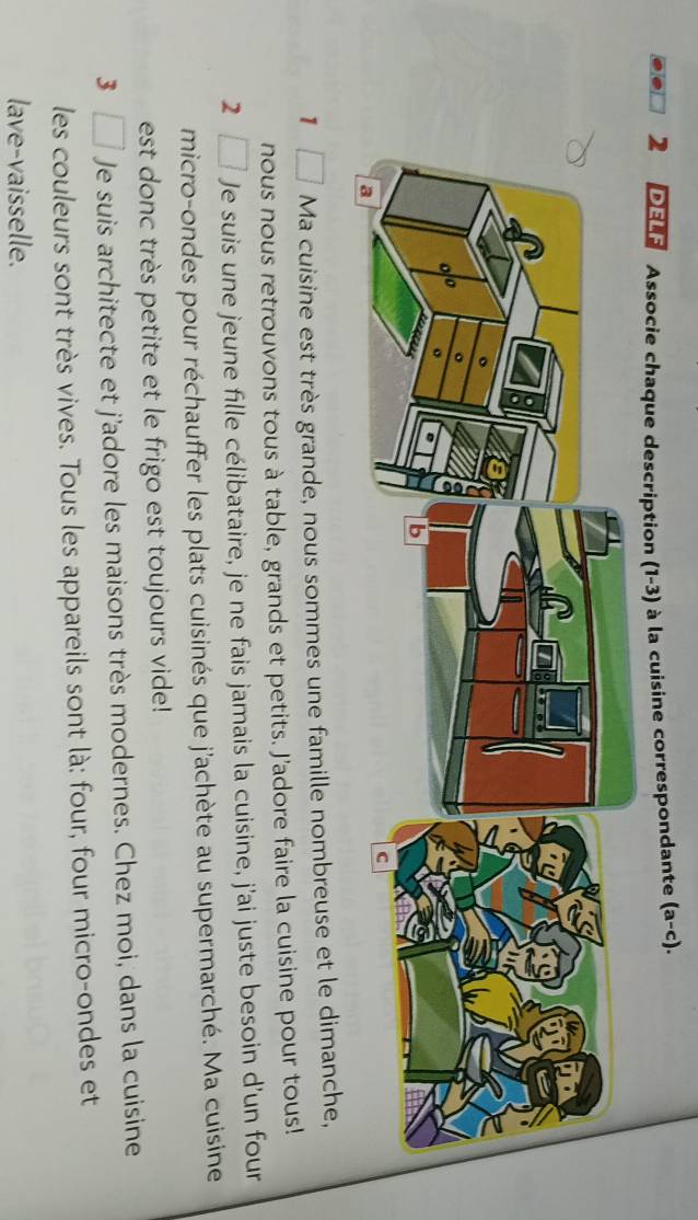 DELE Associe chaque description (1-3) à la cuisine correspondante (a-c). 
1 Ma cuisine est très grande, nous sommes une famille nombreuse et le dimanche, 
nous nous retrouvons tous à table, grands et petits. J'adore faire la cuisine pour tous! 
2 □ Je suis une jeune fille célibataire, je ne fais jamais la cuisine, j'ai juste besoin d'un four 
micro-ondes pour réchauffer les plats cuisinés que j'achète au supermarché. Ma cuisine 
est donc très petite et le frigo est toujours vide! 
3 L Je suis architecte et j'adore les maisons très modernes. Chez moi, dans la cuisine 
les couleurs sont très vives. Tous les appareils sont là: four, four micro-ondes et 
lave-vaisselle.