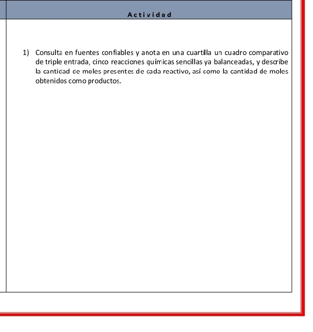 Actividad 
1) Consulta en fuentes confiables y anota en una cuartilla un cuadro comparativo 
de triple entrada, cinco reacciones químicas sencillas ya balanceadas, y descibe 
la cantidad de moles presentes de cada reactivo, así como la cantidad de moles 
obtenidos como productos.