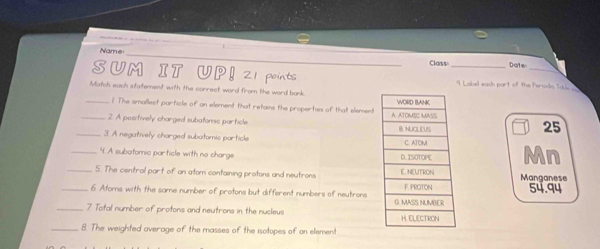 Name 
Class Date 
SUM IT UP! 21 points _9. Label each part of the Periodic Toble 
Match each statement with the correct word from the word bank. 
_! The smallest particle of an element that retains the properties of that element 
_2. A positively charged subatomic particle 
25 
_3. A negatively charged subatomic particle 
_4. A subatomic particle with no charge 
Mn 
_5. The central part of an atom containing protons and neutrons Manganese 
_6 Atoms with the same number of protons but different numbers of neutrons
54.94
_7 Total number of protons and neutrons in the nucleus 
_8. The weighted average of the masses of the isotopes of an element