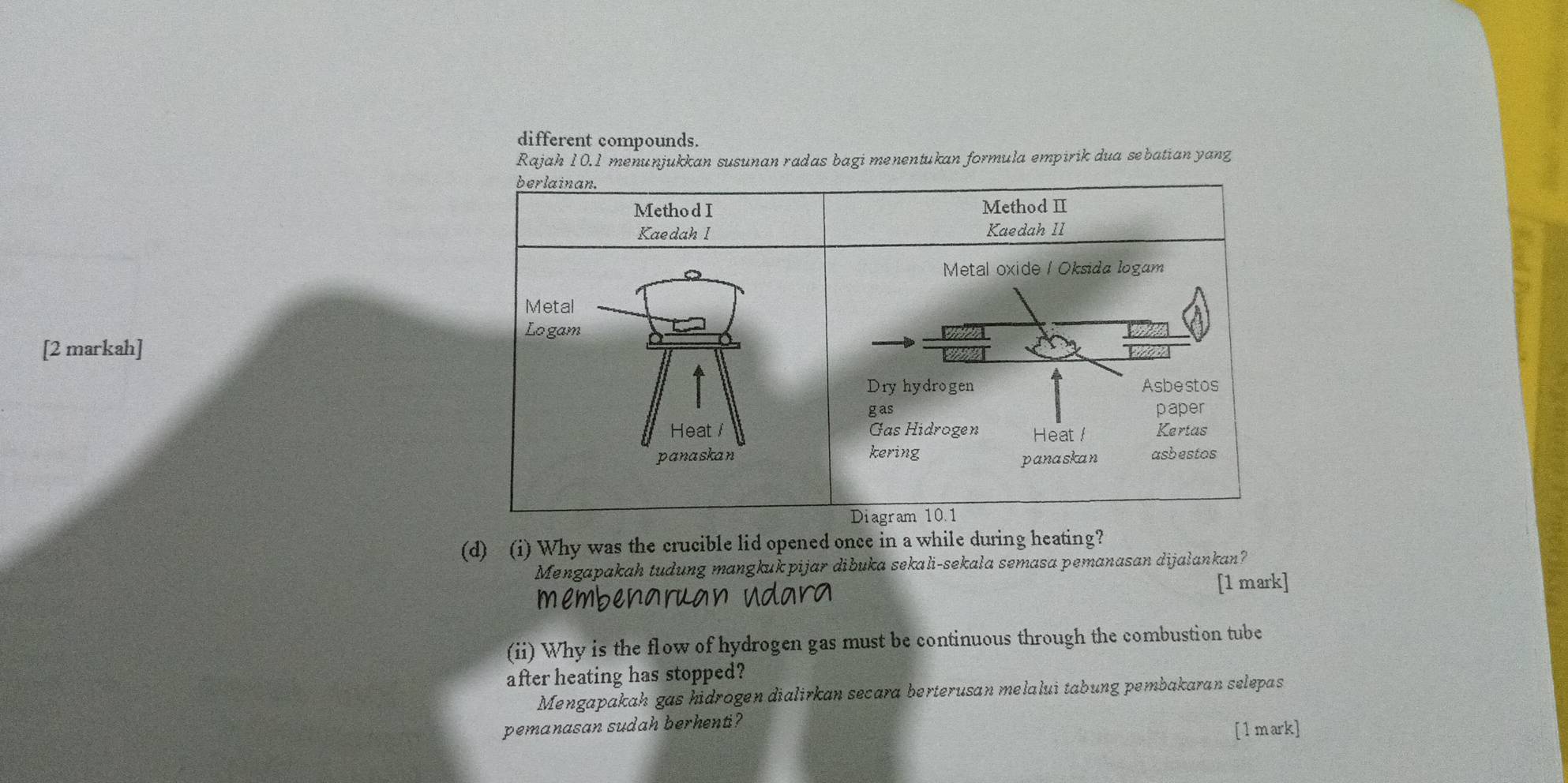 different compounds. 
Rajah 10.1 menunjukkan susunan radas bagi menentukan formula empirik dua sebatian yang 
[2 markah] 
(d) (i) Why was the crucible lid opened once in a while during heating? 
Mengapakah tudung mangkukpijar dibuka sekali-sekala semasa pemanasan dijalankan? 
[1 mark] 
(ii) Why is the flow of hydrogen gas must be continuous through the combustion tube 
after heating has stopped? 
Mengapakah gas hidrogen dialirkan secara berterusan melalui tabung pembakaran selepas 
pemanasan sudah berhenti? 
[1 mark]