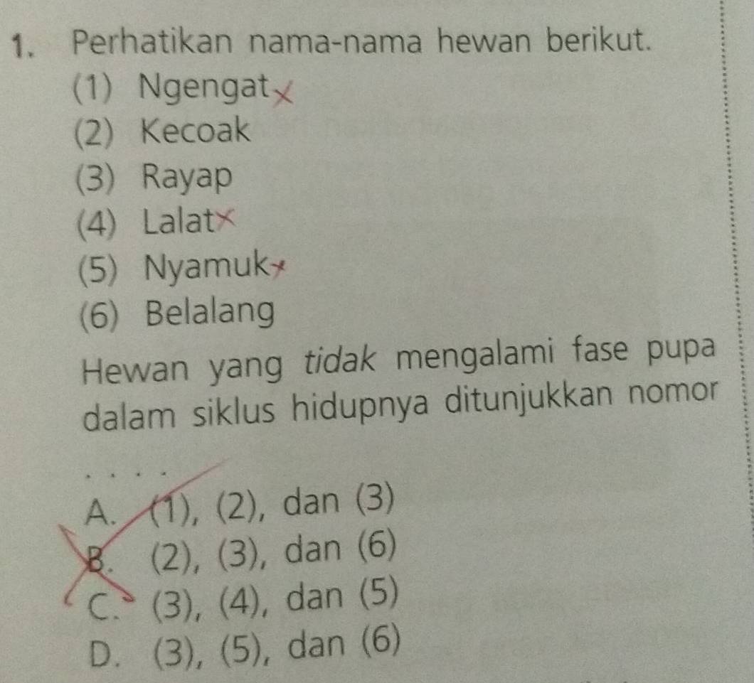 Perhatikan nama-nama hewan berikut.
(1) Ngengat≌
(2)Kecoak
(3) Rayap
(4) Lalat×
(5) Nyamuk
(6) Belalang
Hewan yang tidak mengalami fase pupa
dalam siklus hidupnya ditunjukkan nomor
A. (1), (2), dan (3)
B. (2), (3), dan (6)
C. (3), (4), dan (5)
D. (3), (5), dan (6)