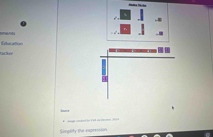 Alsabra Tila Kev
x^2= x= 1=
ements -x^2=
-1=
Education 
racker 
Source 
Image created for VVA via Desmos, 2024 
Simplify the expression.