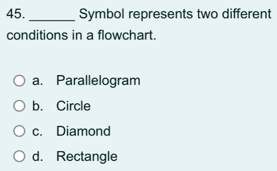 Solved: Symbol represents two different conditions in a flowchart. a ...