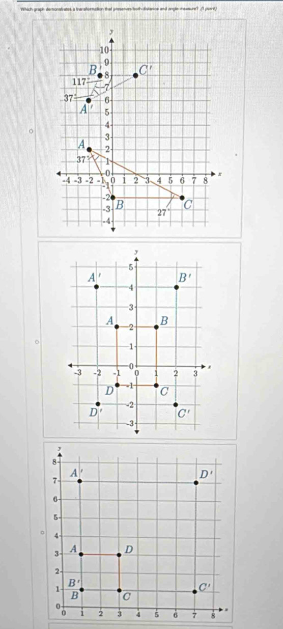 Which graph demonstrates a transformation that preserves froth distance and angle measure? (1 point)