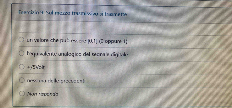 Sul mezzo trasmissivo si trasmette
un valore che può essere [0,1] (0 oppure 1)
l’equivalente analogico del segnale digitale
+/5Volt
nessuna delle precedenti
Non rispondo