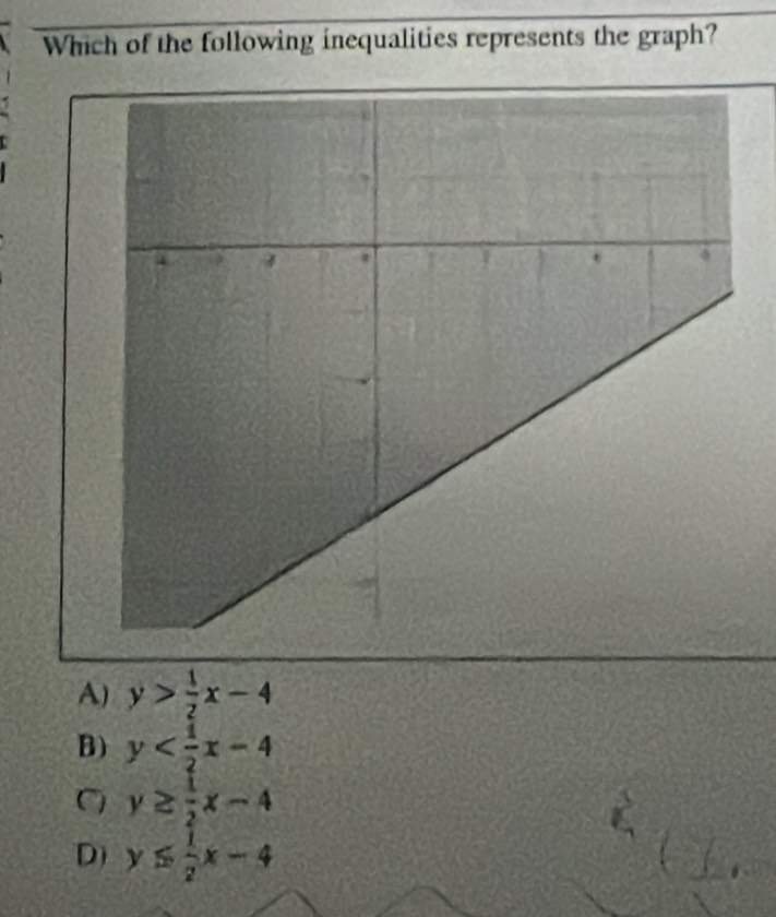 Which of the following inequalities represents the graph?
A) y> 1/2 x-4
B) y
C y≥  1/2 x-4
D) y≤slant  1/2 x-4