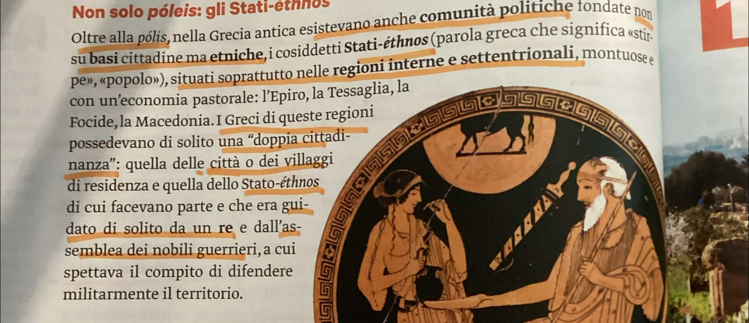 Non solo póleis: gli Stati-éthnos 
Oltre alla pólis, nella Grecia antica esistevano anche comunità politiche fondate nom 
su basi cittadine ma etniche, i cosiddetti Stati-éthnos (parola greca che significa «stír 
pe», «popolo»), situati soprattutto nelle regioni interne e settentrionali, montuose e 
con un’economia pastorale: l’Epir 
Focide, la Macedonia.I Greci di qu 
possedevano di solito una “doppia 
nanza': quella delle città o dei vi 
di residenza e quella dello Stato-éth 
di cui facevano parte e che era gu 
dato di solito da un re e dall'as 
semblea dei nobili guerrieri, a cui 
spettava il compito di difendere 
militarmente il territorio.