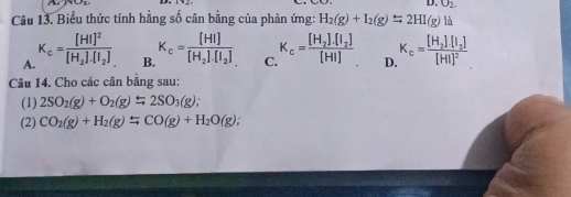 O_2. 
Câu 13. Biểu thức tính hằng số cân bằng của phản ứng: H_2(g)+I_2(g)=2HI(g) là
A. K_c=frac [HI]^2[H_2].[I_2] B. K_c=frac [HI][H_2].[I_2] C. K_c=frac [H_2].[I_2][HI] D. K_c=frac [H_2].[I_2][HI]^2
Câu 14. Cho các cân bằng sau:
(1) 2SO_2(g)+O_2(g)=2SO_3(g); 
(2) CO_2(g)+H_2(g)=CO(g)+H_2O(g);