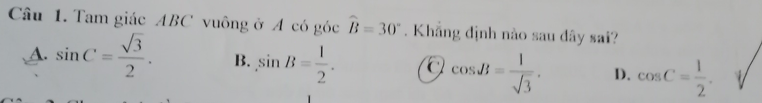 Tam giác ABC vuông ở A có góc widehat B=30°. Khẳng định nào sau đây sai?
A. sin C= sqrt(3)/2 .
B. sin B= 1/2 .
cos B= 1/sqrt(3) .
D. cos C= 1/2 .