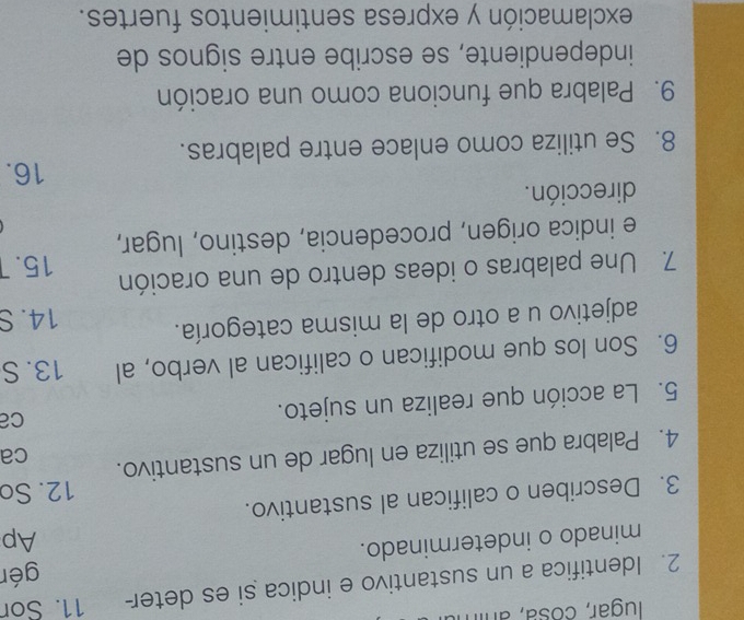 lugar, cosá, ání 
2. Identifica a un sustantivo e indica si es deter- 11. Sor 
gér 
minado o indeterminado. 
Ap 
3. Describen o califican al sustantivo. 
12. So 
ca 
4. Palabra que se utiliza en lugar de un sustantivo. 
5. La acción que realiza un sujeto. 
ca 
6. Son los que modifican o califican al verbo, al 13. S 
adjetivo u a otro de la misma categoría. 14. S 
7 Une palabras o ideas dentro de una oración 15. 
e indica origen, procedencia, destino, lugar, 
dirección. 
16. 
8. Se utiliza como enlace entre palabras. 
9. Palabra que funciona como una oración 
independiente, se escribe entre signos de 
exclamación y expresa sentimientos fuertes.