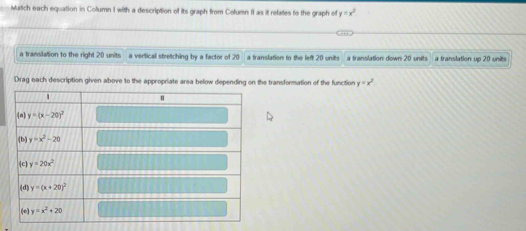 Match each equation in Column I with a description of its graph from Column II as it relates to the graph of y=x^2.
a translation to the right 20 units a vertical stretching by a factor of 20 a translation to the left 20 units a translation down 20 units a translation up 20 units
Drag each description given above to the appropriate area below depending on the transformation of the function y=x^2.