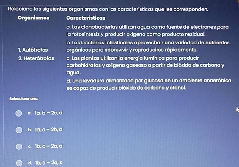 Relaciona los siguientes organismos con las características que les corresponden.
Organismos Características
a. Las cianobacterias utilizan agua como fuente de electrones para
la fotosíntesis y producir oxígeno como producto residual.
b. Las bacterias intestinales aprovechan una variedad de nutrientes
1. Autótrofos orgánicos para sobrevivir y reproducirse rápidamente.
2. Heterótrofos c. Las plantas utilizan la energía lumínica para producir
carbohidratos y oxígeno gaseoso a partir de bióxido de carbono y
agua.
d. Una levadura alimentada por glucosa en un ambiente anaeróbico
es capaz de producir bióxido de carbono y etanol.
Seleccione una:
a. 1a, b-2c , d
b. 1a, c-2b , d
c. 1b, c-2a , d
d. lb, d-2a c