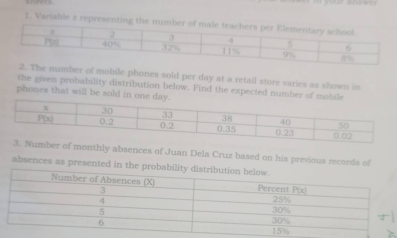 sneets.
1. Variable z representing the nu
er of mobile phones sold per day at a retail store varies as shown in
the given probability distribution below. Find the expected number of mobile
phones that will be sold in one day.
monthly absences of Juan Dela Cruz based on his previous records of
absences as presented in t