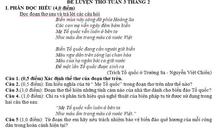 ĐE LUYEN THO-TUAN 3 THANG 2 
I. PHẢN ĐQC HIẾU (4,0 điểm) 
Đoc đoạn thơ sau và trả lời các câu hỏi 
Biên mùa này sóng dữ phía Hoàng Sa 
Các con mẹ vẫn ngày đêm bám biển 
Mẹ Tổ quốc vẫn luôn ở bên ta 
Như máu ẩm trong màu cờ nước Việt 
Biển Tổ quốc đang cần người giữ biển 
Máu ngư dân trên sóng lại chan hòa 
Máu của họ ngân bài ca giữ nước 
Để một lần Tổ quốc được sinh ra 
(Trích Tổ quốc ở Trường Sa - Nguyễn Việt Chiến) 
Câu 1. (0,5 điểm) Xác định thể thơ của đoạn thơ trên. 
Câu 2. (0,5 điểm): Em hiểu nghĩa của từ “ Mẹ Tổ quốc” trong đoạn thơ trên như thể nào? 
Câu 3.(1,0 điểm): Đoạn thơ thể hiện những tỉnh cảm nào của nhà thơ dành cho biển đảo Tổ quốc? 
Câu 4. (1,0 điểm): Chỉ ra và phân tích hiệu quả nghệ thuật của biện pháp tu từ được sử dụng trong 
hai câu thơ sau: 
'Mẹ Tổ quốc vẫn luôn ở bên ta 
Như máu ẩm trong màu cờ nước Việt.'' 
Câu 5 (1,0 điểm): Từ đoạn thơ em hãy nêu trách nhiệm bảo vệ biển đảo quê hương của mỗi công 
dân trong hoàn cảnh hiện tại?