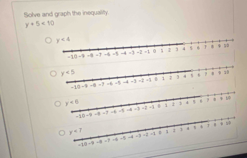 Solve and graph the inequality.
y+5<10</tex>