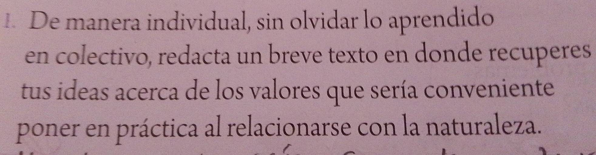 De manera individual, sin olvidar lo aprendido 
en colectivo, redacta un breve texto en donde recuperes 
tus ideas acerca de los valores que sería conveniente 
poner en práctica al relacionarse con la naturaleza.