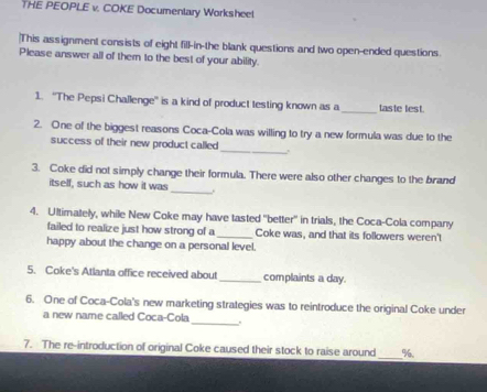 Solved: THE PEOPLE v. COKE Documentary Worksheel This assignment ...
