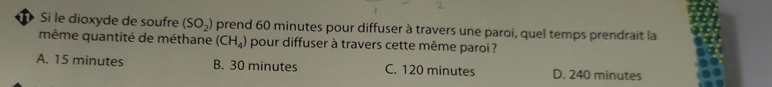 Si le dioxyde de soufre (SO_2) prend 60 minutes pour diffuser à travers une paroi, quel temps prendrait la
même quantité de méthane (CH_4) pour diffuser à travers cette même paroi ?
A. 15 minutes B. 30 minutes C. 120 minutes D. 240 minutes