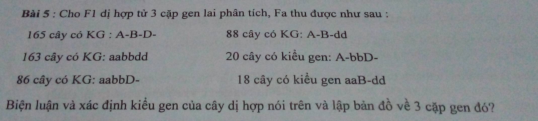 Cho F1 dị hợp tử 3 cặp gen lai phân tích, Fa thu được như sau :
165 cây có KG : A-B-D - 88 cây có KG: A-B-dd
163 cây có KG: aabbdd 20 cây có kiều gen: A-bbD-
86 cây có KG : aabbD- 18 cây có kiểu gen aaB-dd 
Biện luận và xác định kiểu gen của cây dị hợp nói trên và lập bản đồ về 3 cặp gen đó?