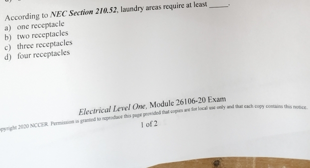 Solved: According to NEC Section 210.52, laundry areas require at least ...