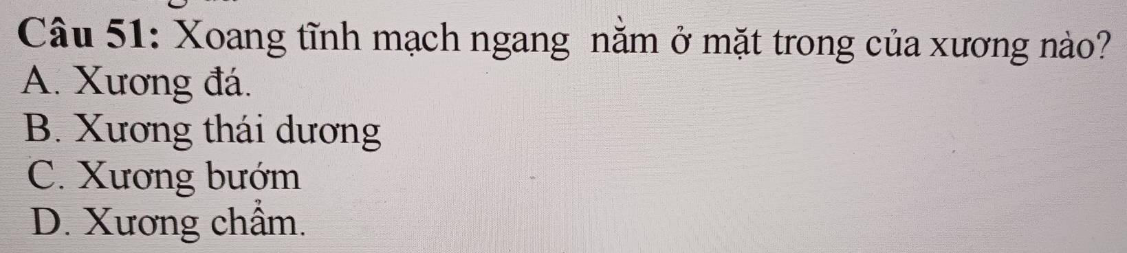 Xoang tĩnh mạch ngang năm ở mặt trong của xương nào?
A. Xương đá.
B. Xương thái dương
C. Xương bướm
D. Xương chẩm.