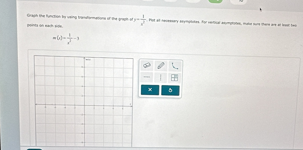 Graph the function by using transformations of the graph of y= 1/x^2 . Plot all necessary asymptotes. For vertical asymptotes, make sure there are at least two 
points on each side.
m(x)= 1/x^2 -3
…
x