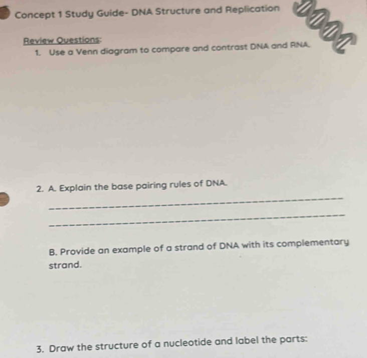 Solved: Concept 1 Study Guide- DNA Structure and Replication ANRL ...