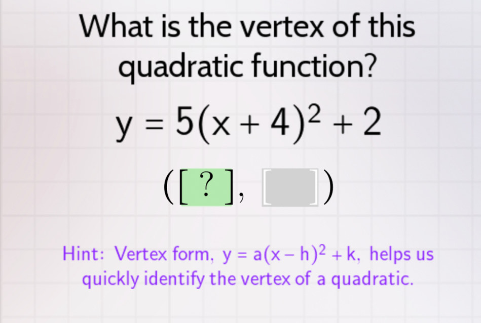 Solved: What is the vertex of this quadratic function? y=5(x+4)^2+2 ...