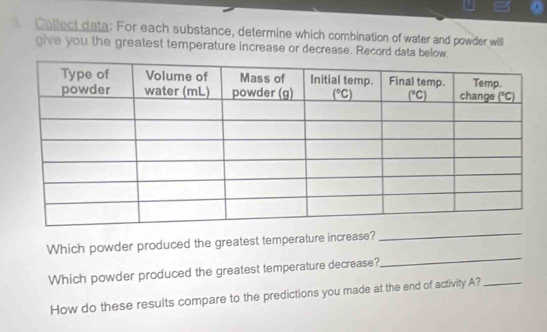 Collect data: For each substance, determine which combination of water and powder willl
give you the greatest temperature increase or decrease. Record data below,
Which powder produced the greatest temperature increase?
_
Which powder produced the greatest temperature decrease?
_
How do these results compare to the predictions you made at the end of activity A?_