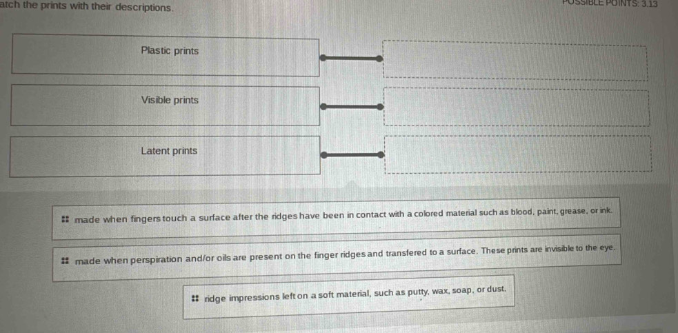 BLE POINTS: 3.13 
atch the prints with their descriptions. 
Plastic prints 
Visible prints 
Latent prints 
made when fingers touch a surface after the ridges have been in contact with a colored material such as blood, paint, grease, or ink. 
made when perspiration and/or oils are present on the finger ridges and transfered to a surface. These prints are invisible to the eye. 
:: ridge impressions left on a soft material, such as putty, wax, soap, or dust.