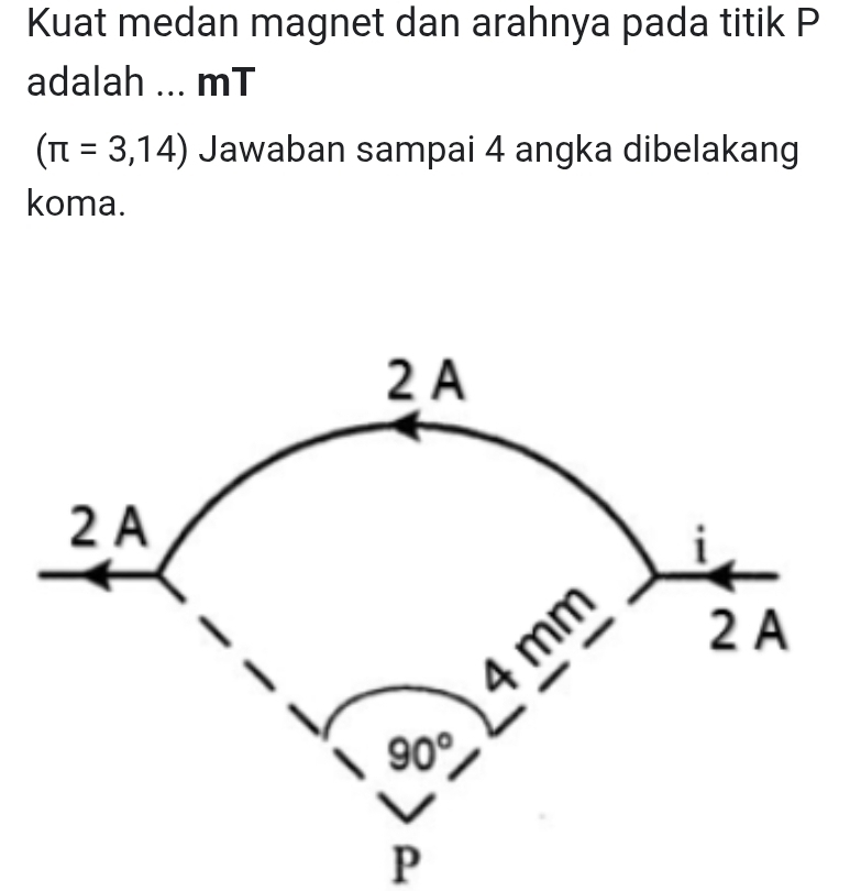 Kuat medan magnet dan arahnya pada titik P
adalah ... mT
(π =3,14) Jawaban sampai 4 angka dibelakang
koma.
P