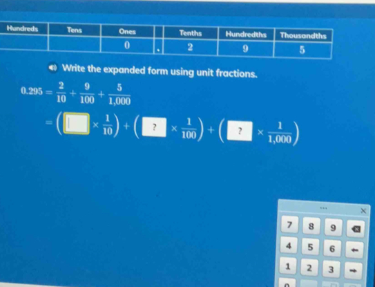 Solved: Write the expanded form using unit fractions. 0.295= 2/10 + 9/ ...