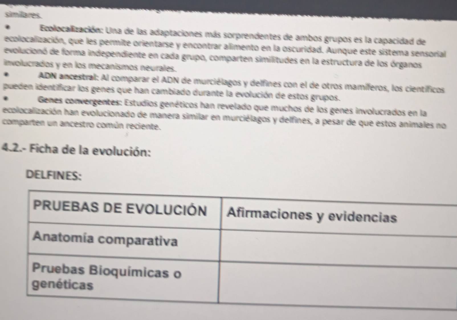 similares. 
Ecolocalización: Una de las adaptaciones más sorprendentes de ambos grupos es la capacidad de 
ecolocalización, que les permite orientarse y encontrar alimento en la oscuridad. Aunque este sištema sensorial 
evolucionó de forma independiente en cada grupo, comparten similitudes en la estructura de los órganos 
involucrados y en los mecanismos neurales. 
ADN ancestral: Al comparar el ADN de murciélagos y delfines con el de otros mamíferos, los científicos 
pueden identificar los genes que han cambiado durante la evolución de estos grupos. 
Genes convergentes: Estudios genéticos han revelado que muchos de los genes involucrados en la 
ecolocalización han evolucionado de manera similar en murciélagos y delfines, a pesar de que estos animales no 
comparten un ancestro común reciente. 
4.2.- Ficha de la evolución: 
DELFINES: