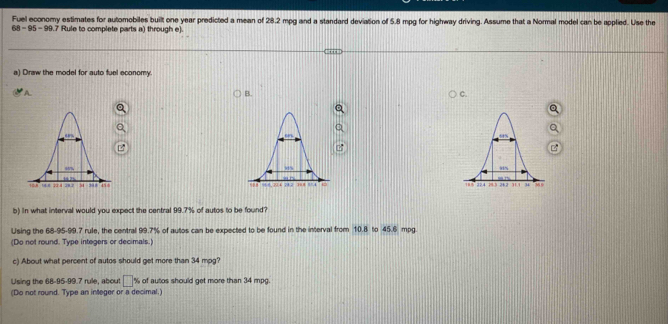 Fuel economy estimates for automobiles built one year predicted a mean of 28.2 mpg and a standard deviation of 5.8 mpg for highway driving. Assume that a Normal model can be applied. Use the
68-95- 99.7 Rule to complete parts a) through e)
a) Draw the model for auto fuel economy.
A.
B.
C.

b) in what interval would you expect the central 99.7% of autos to be found?
Using the 68-95-99.7 rule, the central 99.7% of autos can be expected to be found in the interval from 10.8 to 45.6 mpg
(Do not round. Type integers or decimals.)
c) About what percent of autos should get more than 34 mog?
Using the 68-95-99.7 rule, about □ % of autos should get more than 34 mpg.
(Do not round. Type an integer or a decimal.)
