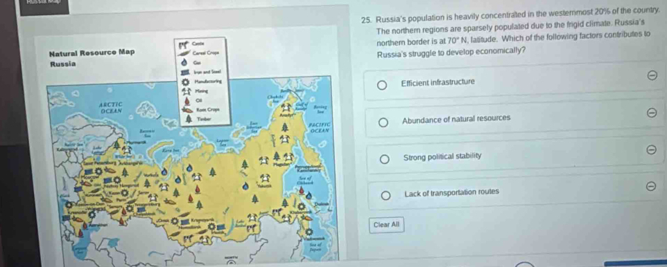 Russia's population is heavily concentrated in the westernmost 20% of the country.
The northern regions are sparsely populated due to the frigid climate. Russia's
northern border is at 70°N , latitude. Which of the following factors contributes to
Russia's struggle to develop economically?
Efficient infrastructure
Abundance of natural resources
Strong political stability
Lack of transportation routes
Clear All