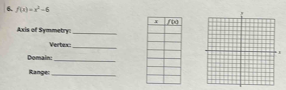 f(x)=x^2-6
Axis of Symmetry:_
Vertex:_
_
Domain:
Range:_