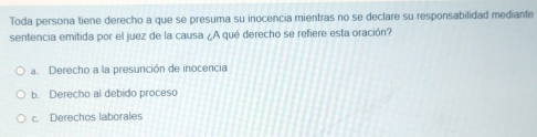 Toda persona tiene derecho a que se presuma su inocencia mientras no se declare su responsabilidad mediante
sentencia emitida por el juez de la causa ¿A qué derecho se refiere esta oración?
a. Derecho a la presunción de inocencia
b. Derecho al debido proceso
c. Derechos laborales