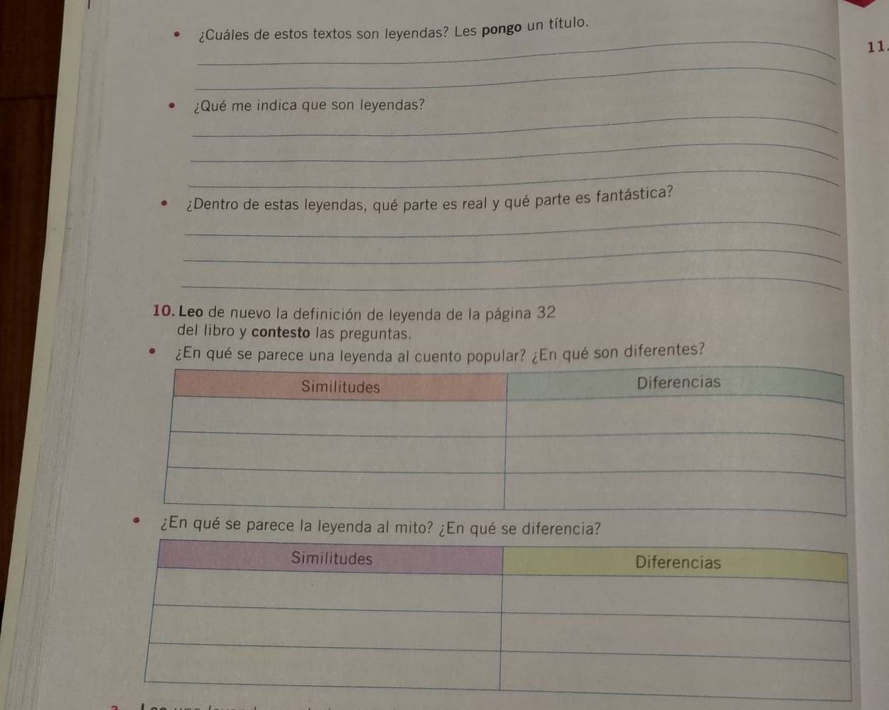 ¿Cuáles de estos textos son leyendas? Les pongo un título. 
11 
_ 
_ 
¿Qué me indica que son leyendas? 
_ 
_ 
_ 
¿Dentro de estas leyendas, qué parte es real y qué parte es fantástica? 
_ 
_ 
10. Leo de nuevo la definición de leyenda de la página 32 
del libro y contesto las preguntas. 
¿En qué se parece una leyenda al cuento popular? ¿En qué son diferentes? 
¿En qué se parece la leyenda al mito? ¿En qué se diferencia?