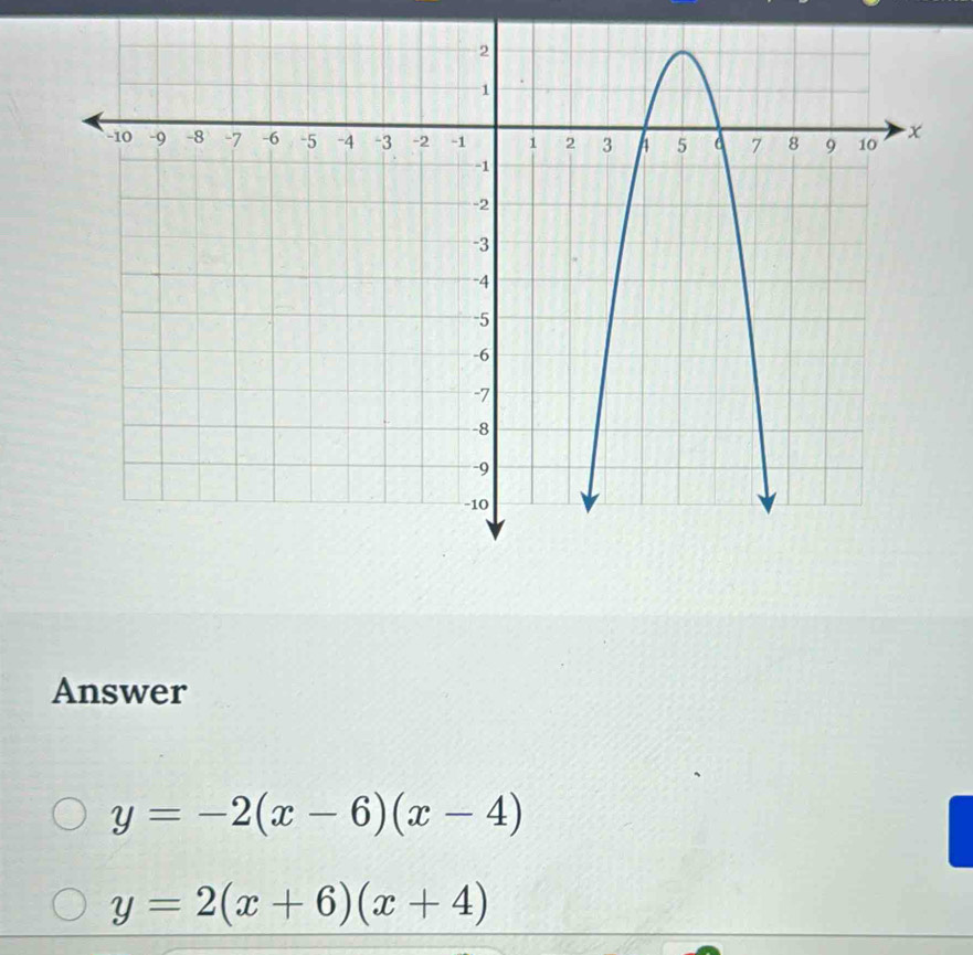 Answer
y=-2(x-6)(x-4)
y=2(x+6)(x+4)