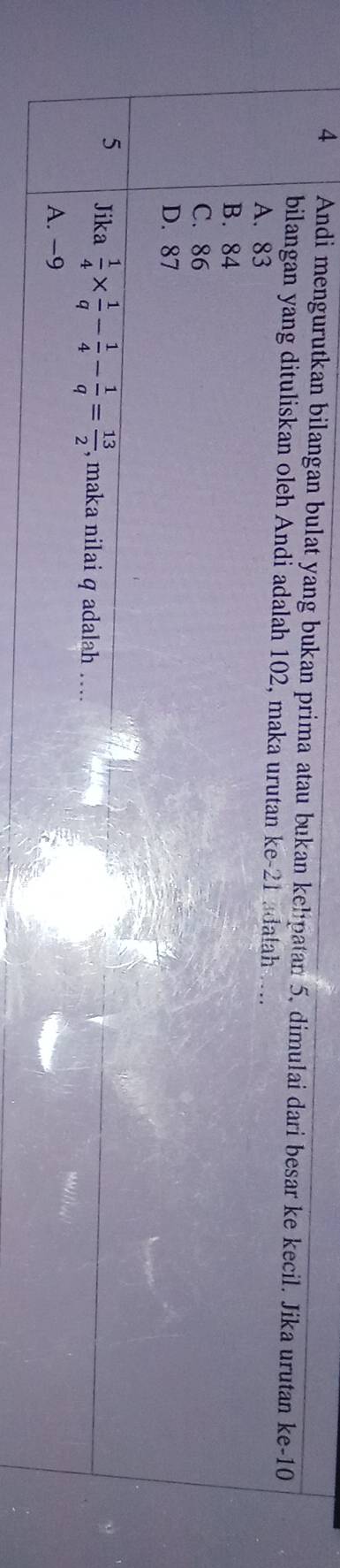 Andi mengurutkan bilangan bulat yang bukan prima atau bukan kelpatan 5, dimulai dari besar ke kecil. Jika urutan ke- 10
bilangan yang dituliskan oleh Andi adalah 102, maka urutan ke -21 a dalah …....
A. 83
B. 84
C. 86
D. 87
5 Jika  1/4 *  1/q - 1/4 - 1/q = 13/2  , maka nilai q adalah ….
A. −9