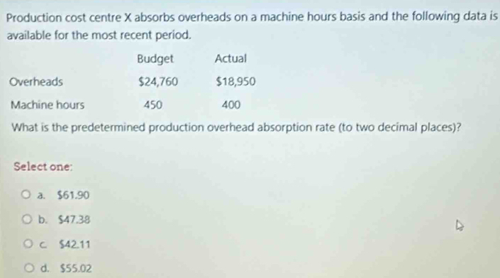 Production cost centre X absorbs overheads on a machine hours basis and the following data is
available for the most recent period.
Budget Actual
Overheads $24,760 $18,950
Machine hours 450 400
What is the predetermined production overhead absorption rate (to two decimal places)?
Select one:
a. $61.90
b. $47.38
c. $42.11
d. $55.02