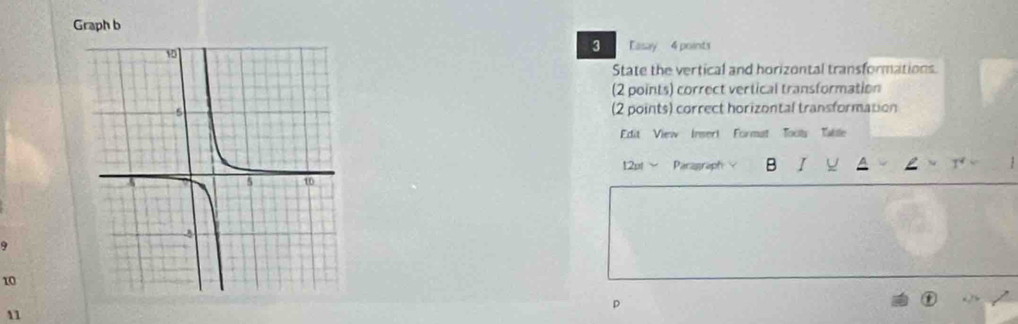 Graph b
3 Easay 4 points
State the vertical and horizontal transformations.
(2 points) correct vertical transformation
(2 points) correct horizontal transformation
Edit View Insert Format Tools Table
12pt ~ Paragraph B I A 
9
10
p
11