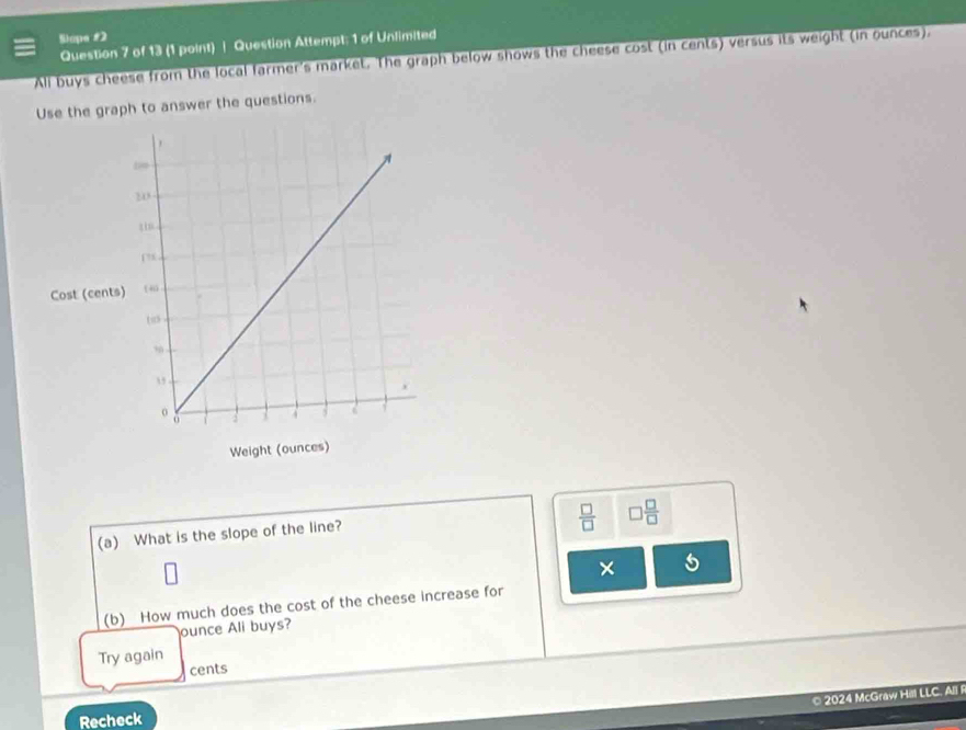 Siope #2 
Question 7 of 13 (1 point) | Question Attempt: 1 of Unlimited 
All buys cheese from the local farmer's market. The graph below shows the cheese cost (in cents) versus its weight (in ounces), 
Use the graph to answer the questions.
 □ /□   □  □ /□  
(a) What is the slope of the line? 
× 5 
(b) How much does the cost of the cheese increase for 
ounce Ali buys? 
Try again 
cents 
© 2024 McGraw Hill LLC. All 
Recheck