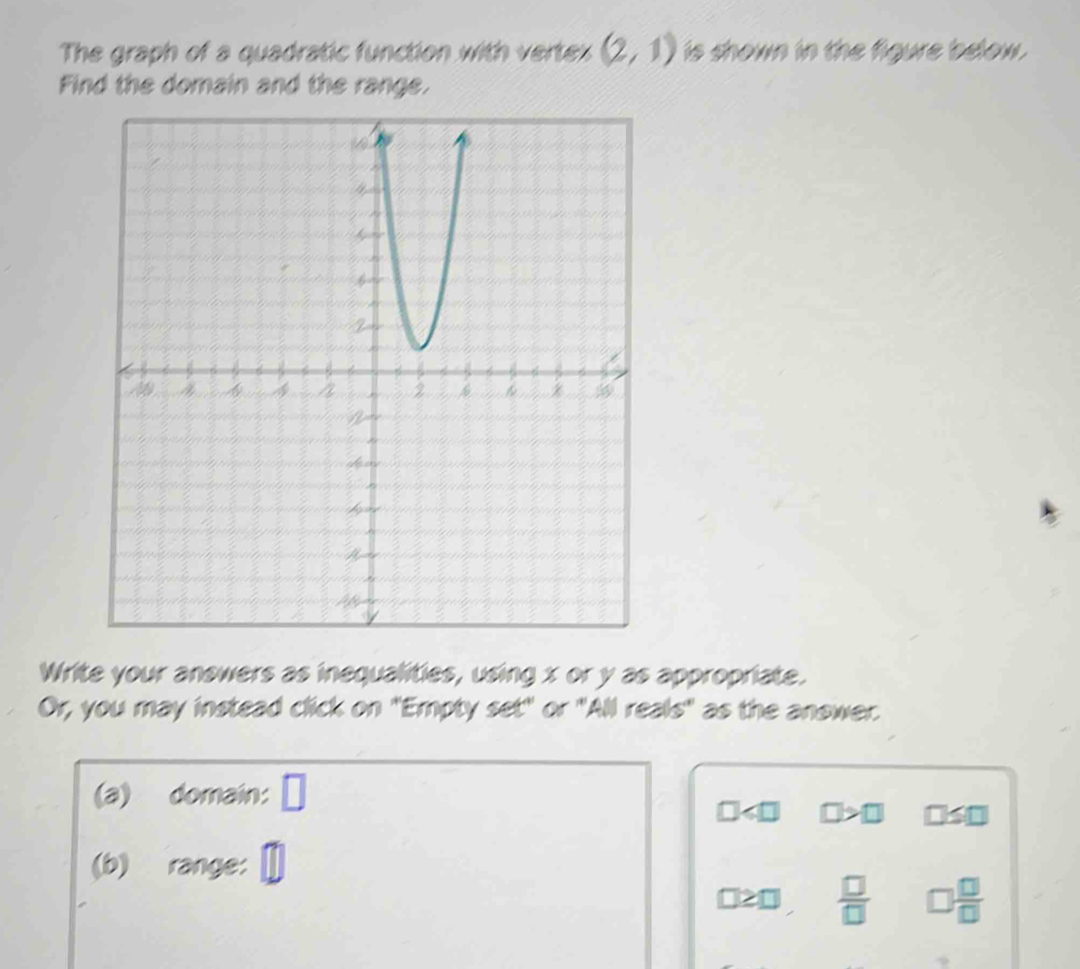 The graph of a quadratic function with vertex (2,1) is shown in the figure below. 
Find the domain and the range. 
Write your answers as inequalities, using x or y as appropriate. 
Or, you may instead click on "Empty set" or "All reals" as the answer. 
(a) domain: □
□ >□ □ ≤ □
(b) range: □
∠ 1  □ /□   □  □ /□  