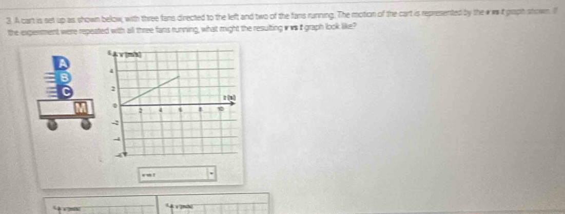 A cart is set up as shown below, with three fans directed to the left and two of the fans running. The motion of the cart is represented by the i writ graph shown. I 
the experment were repeated with all three fans running, what might the resulting w ws t graph look like? 
sat