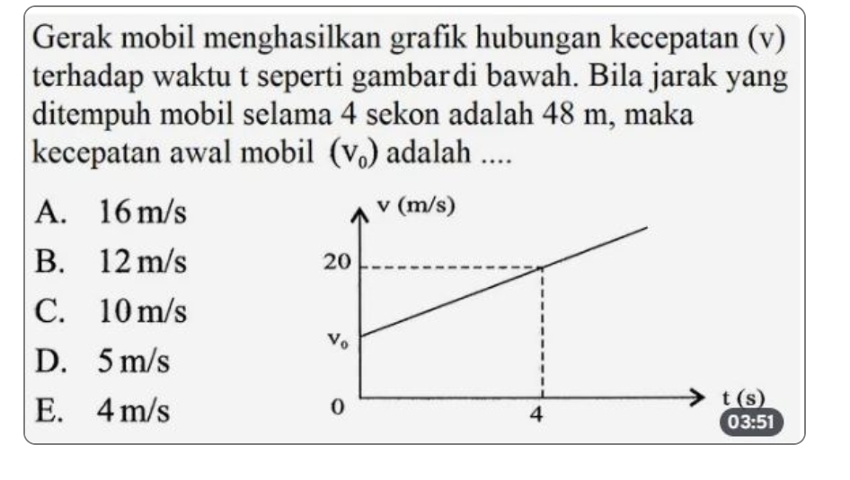 Gerak mobil menghasilkan grafik hubungan kecepatan (v)
terhadap waktu t seperti gambardi bawah. Bila jarak yang
ditempuh mobil selama 4 sekon adalah 48 m, maka
kecepatan awal mobil (V_0) adalah ....
A. 16 m/s
B. 12 m/s
C. 10 m/s
D. 5 m/s
E. 4m/s